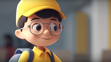 3d rendering of a cute cartoon character construction worker wearing glasses.の素材
