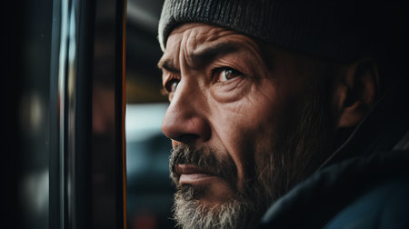 Portrait of an old man looking out the window in winter.の素材