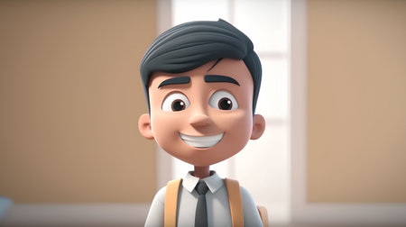 3D illustration of a cute school boy with a smile on his faceの素材