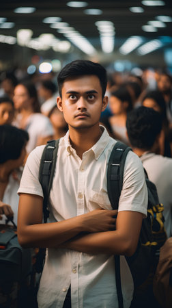 Portrait of young asian man with backpack looking at the camera.の素材