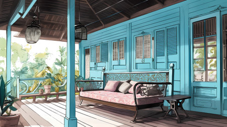 Sketch of terrace of a wooden house in the tropicsの素材