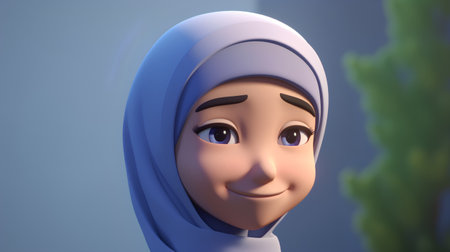 Muslim girl with blue dress and blue headscarf, 3d renderの素材