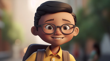 3D illustration of a cute boy with glasses smiling at the cameraの素材