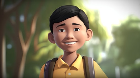 3D Render of a boy with a backpack and a smile on his faceの素材