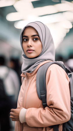 Portrait of beautiful muslim woman with hijab and backpack looking at cameraの素材