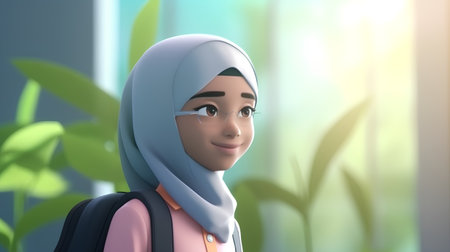 Muslim woman with hijab and backpack in the garden. 3d renderingの素材