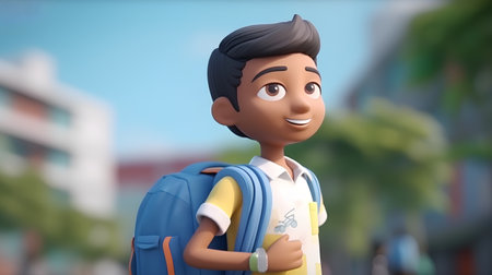 Happy school boy with backpack in the city, education and back to school conceptの素材