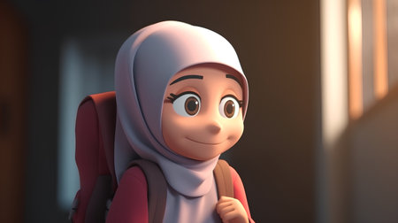 Muslim girl with a backpack. 3D rendering. Selective focus.の素材