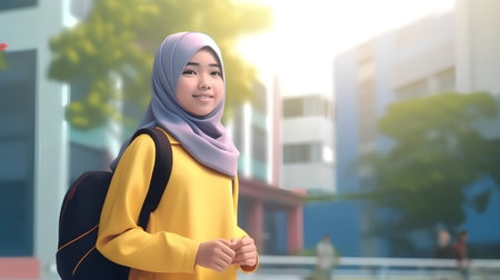 Hijab teenager with school bag and running in the city.の素材