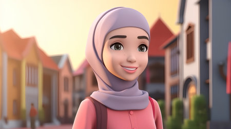 3d rendering of a muslim girl in a town with housesの素材