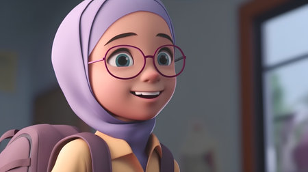 Hijab Girl with Glasses and Backpack in the Roomの素材