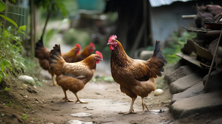 chickens walking on the ground in a chicken coop.の素材