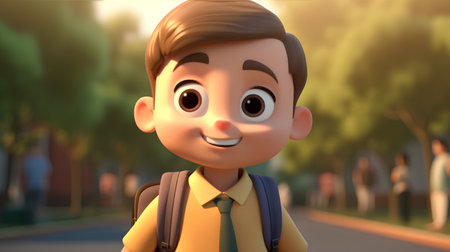 Boy with backpack on the road. 3D rendering. Cartoon character.の素材