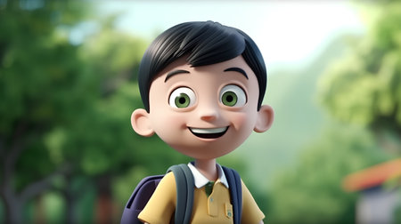 3d illustration of a cute school boy with a backpack in the parkの素材