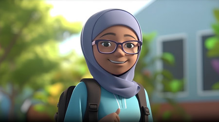 Hijab student with backpack in front of a school building, 3d renderの素材