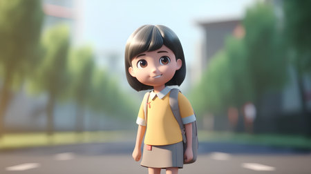 3D rendering of a schoolgirl with a backpack standing in the streetの素材