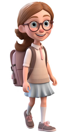 3D render of a cute schoolgirl with backpack. Isolated on white background.の素材