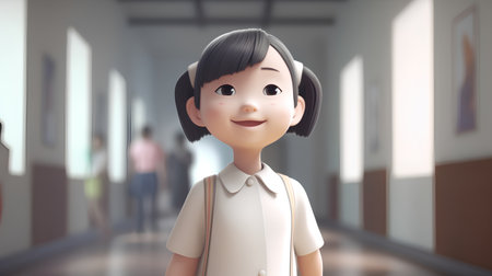 Young asian woman in school corridor. Education concept. 3D Renderingの素材
