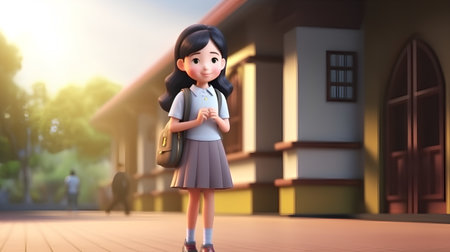 Little girl standing in front of school building, back to school conceptの素材
