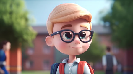 3d render of a boy in glasses with a backpack on his backの素材