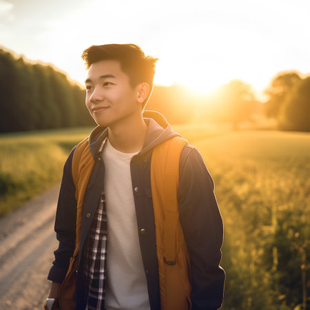 Young asian man with backpack on the road at sunset. Travel concept.の素材