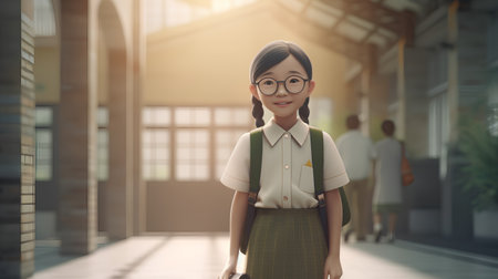 Portrait of asian school girl wearing glasses and backpack in school corridor.の素材