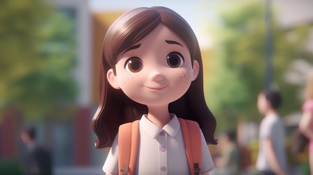 A cute girl in school uniform in front of a school building.の素材