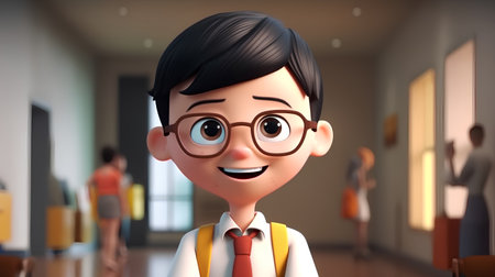 3D render of a boy with glasses in a school corridor.の素材