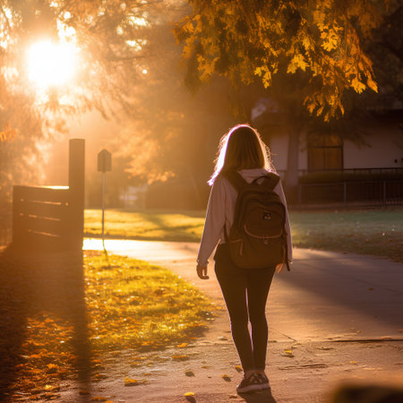 Back view of young woman with backpack walking in autumn park at sunsetの素材