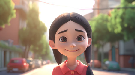 3D rendering of a little girl smiling in the street in the eveningの素材