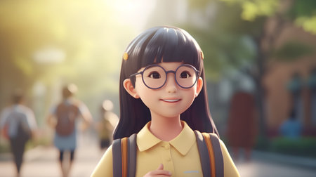 Portrait of happy little girl in school uniform with backpack and eyeglassesの素材