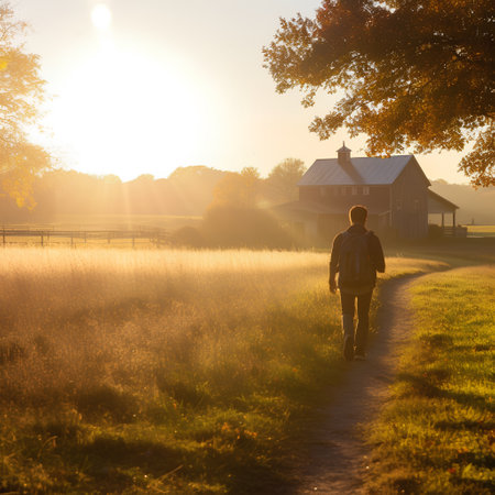 Man with backpack walking on a country road at sunrise in autumn.の素材