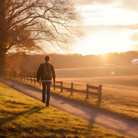Young man walking on the road in the countryside at sunset with sun raysの素材
