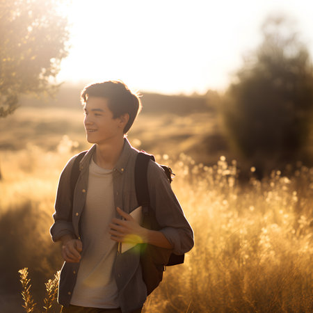 Handsome young man with backpack standing in the field at sunsetの素材