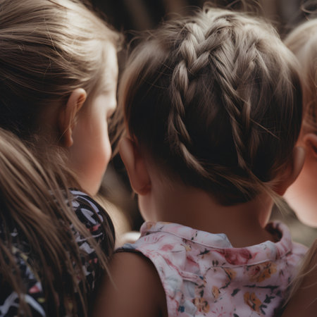 Little girls with braids on their heads looking at each other.の素材