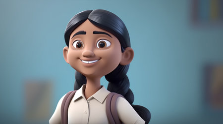 3D illustration of a school girl smiling at the camera with her backpackの素材