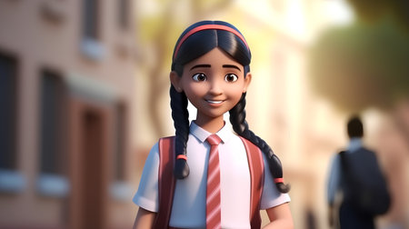 3d rendering of a girl in school uniform standing in the streetの素材