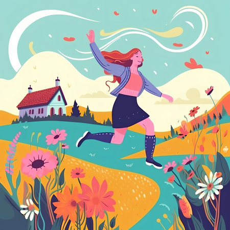 Happy girl jumping on the meadow with flowers, vector illustration.の素材