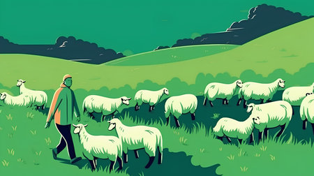 Sheep on the green meadow. Illustration in vector formatの素材