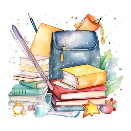 Watercolor illustration of a school bag with books, pencils, eraser, magnifier, clock and apple on a white backgroundの素材