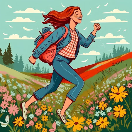Hiking woman running in meadow with flowers. Vector illustration.の素材