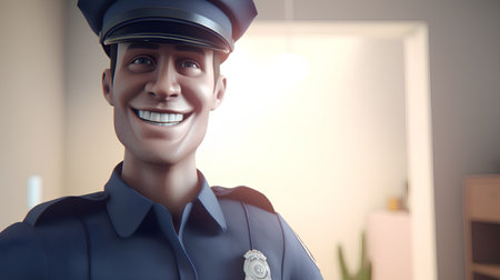 Smiling police officer in uniform standing in office. 3d renderingの素材
