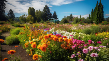 Colorful flowerbed in the garden with dahlias and chrysanthemumsの素材
