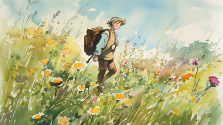 Traveler with a backpack on a meadow. Watercolor illustrationの素材