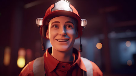 Portrait of a young man in a construction helmet. Industrial background.の素材