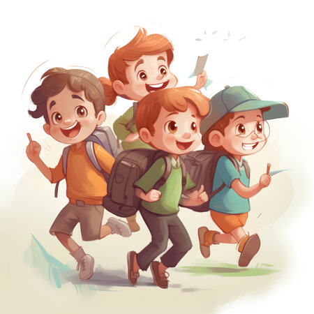 Group of happy kids with backpacks running and smiling. Vector illustration.の素材