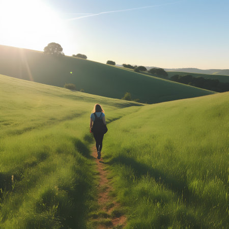 A hiker walking on a trail in the countryside at sunset.の素材