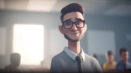 Portrait of a smiling businessman with glasses standing in a conference roomの素材