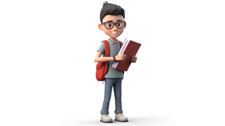 3D illustration of a teenager with backpack and books on white backgroundの素材