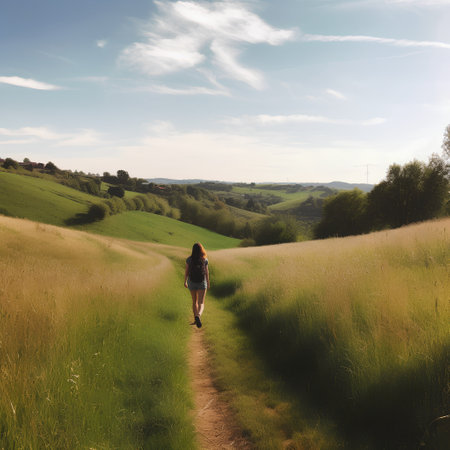 A girl walking on a hillside in the countryside with a blue sky.の素材